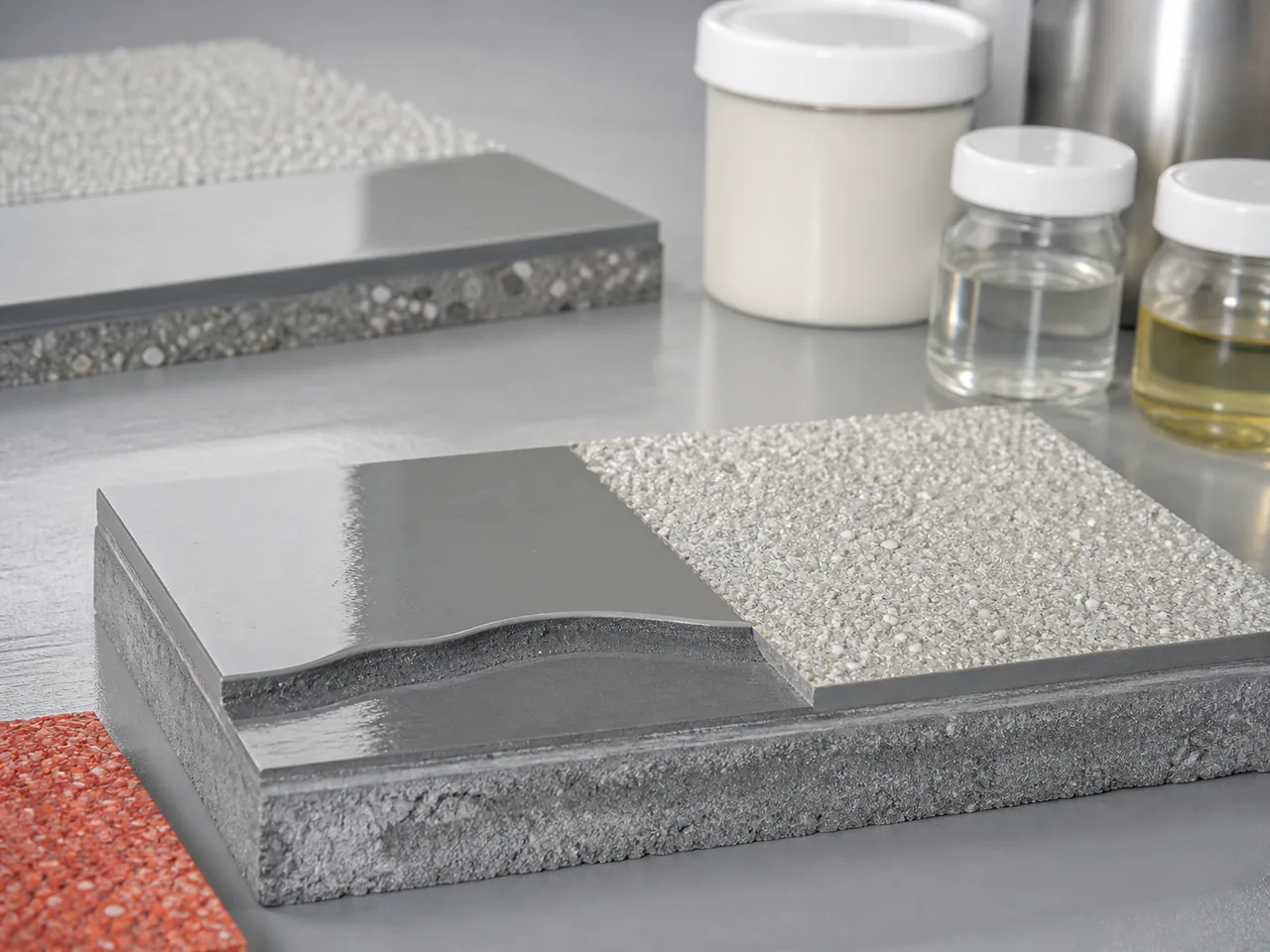 Resin floor layer detail with anti-skid aggregate and industrial flooring material samples