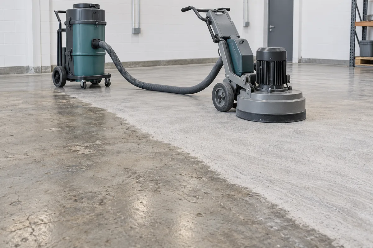 AI-generated illustration of a floor grinder and dust extractor on a concrete substrate