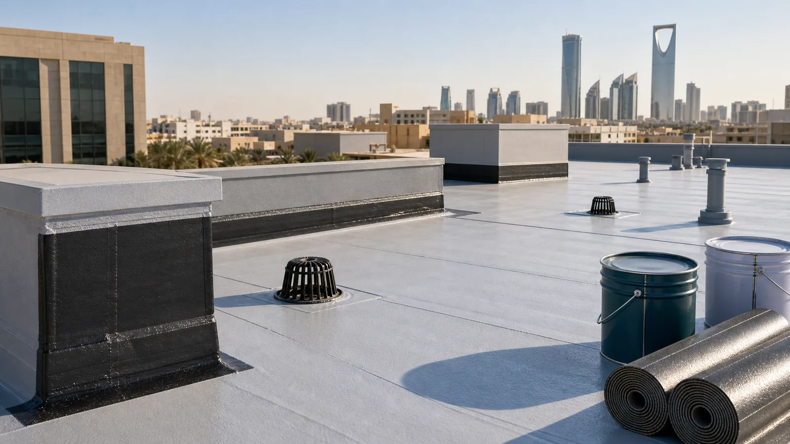 Commercial roof waterproofing membrane with upstand and drain details in Saudi Arabia