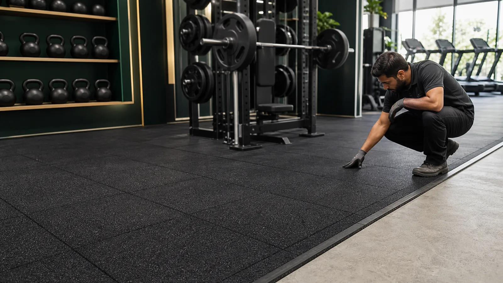 Rubber gym flooring in a Saudi fitness center free weight zone