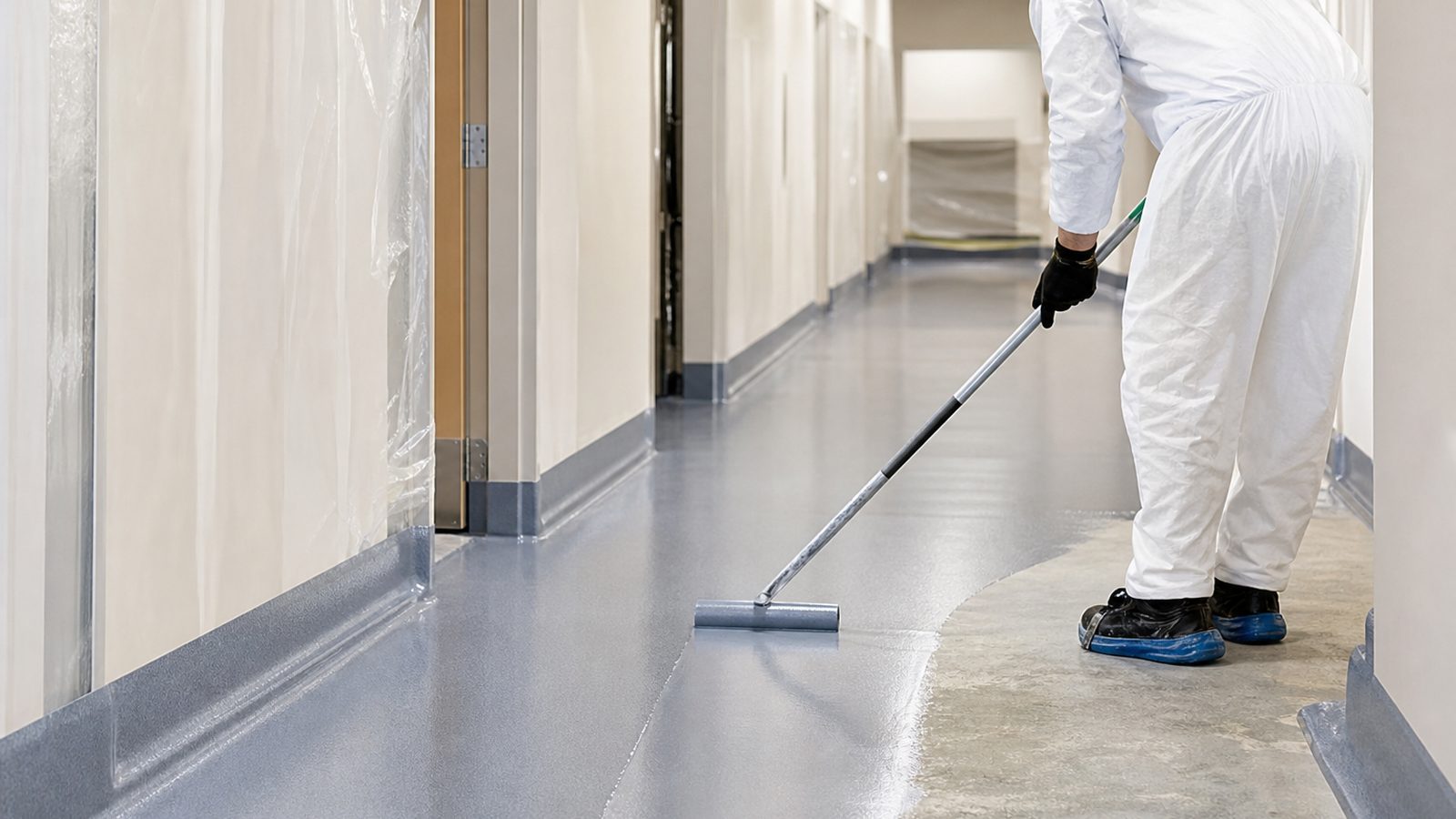 Professional installation of seamless antimicrobial resin flooring with cove base