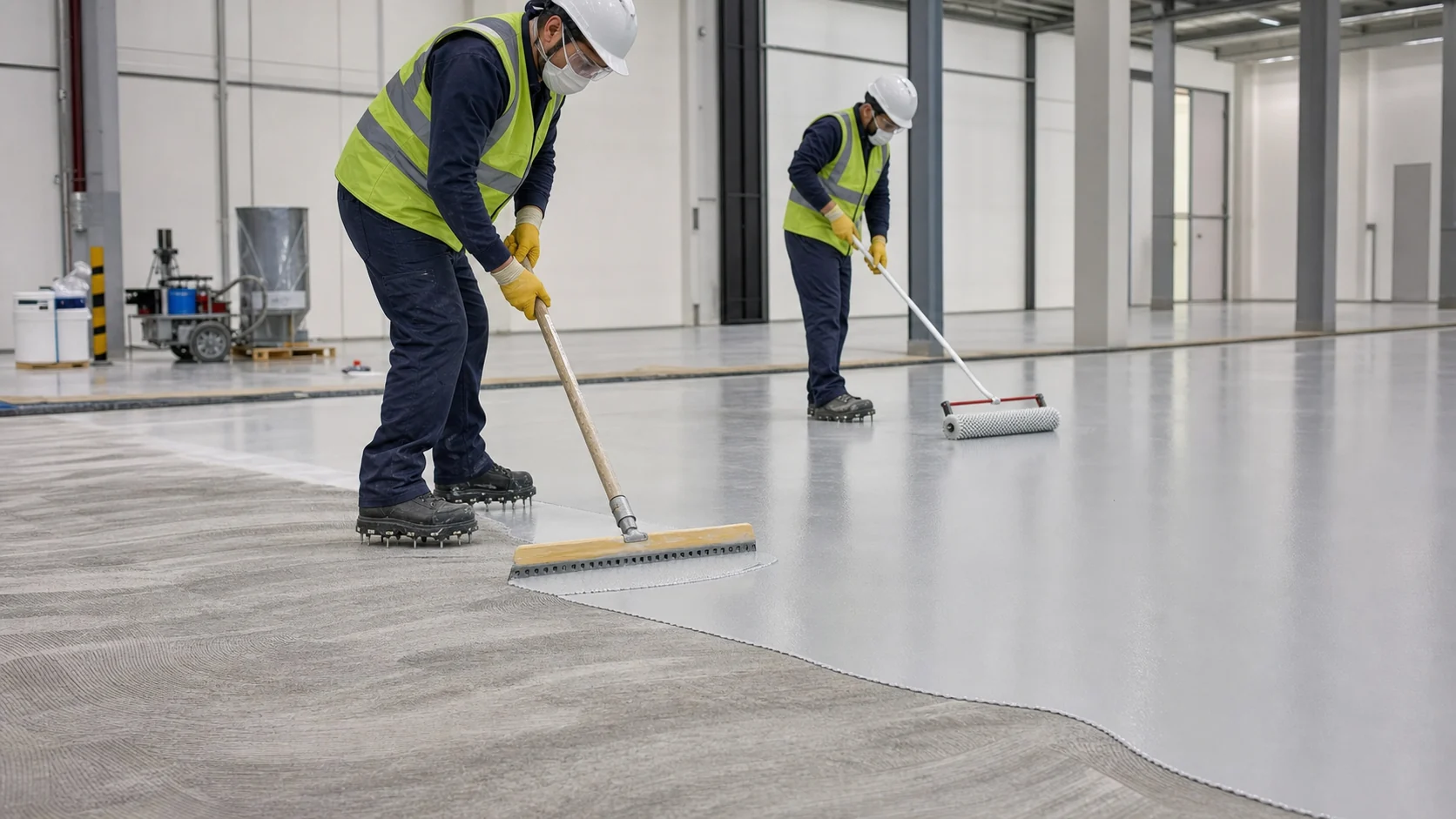 Applicators using a gauge rake and spiked roller to install self-leveling epoxy flooring in a Saudi warehouse