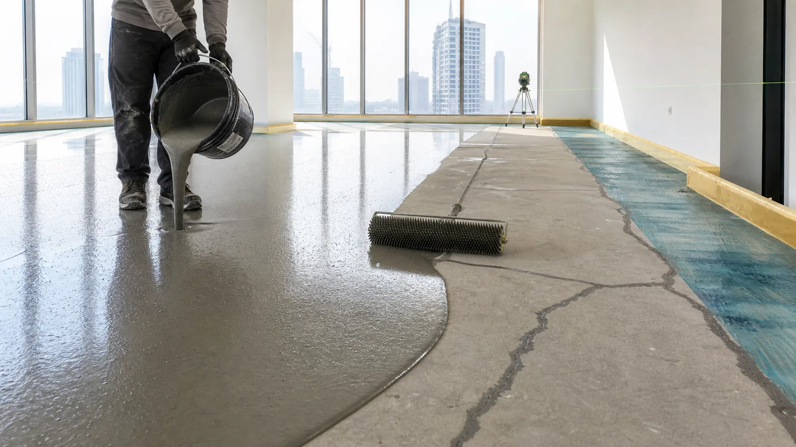 Self levelling cement subfloor preparation before commercial flooring in Saudi Arabia