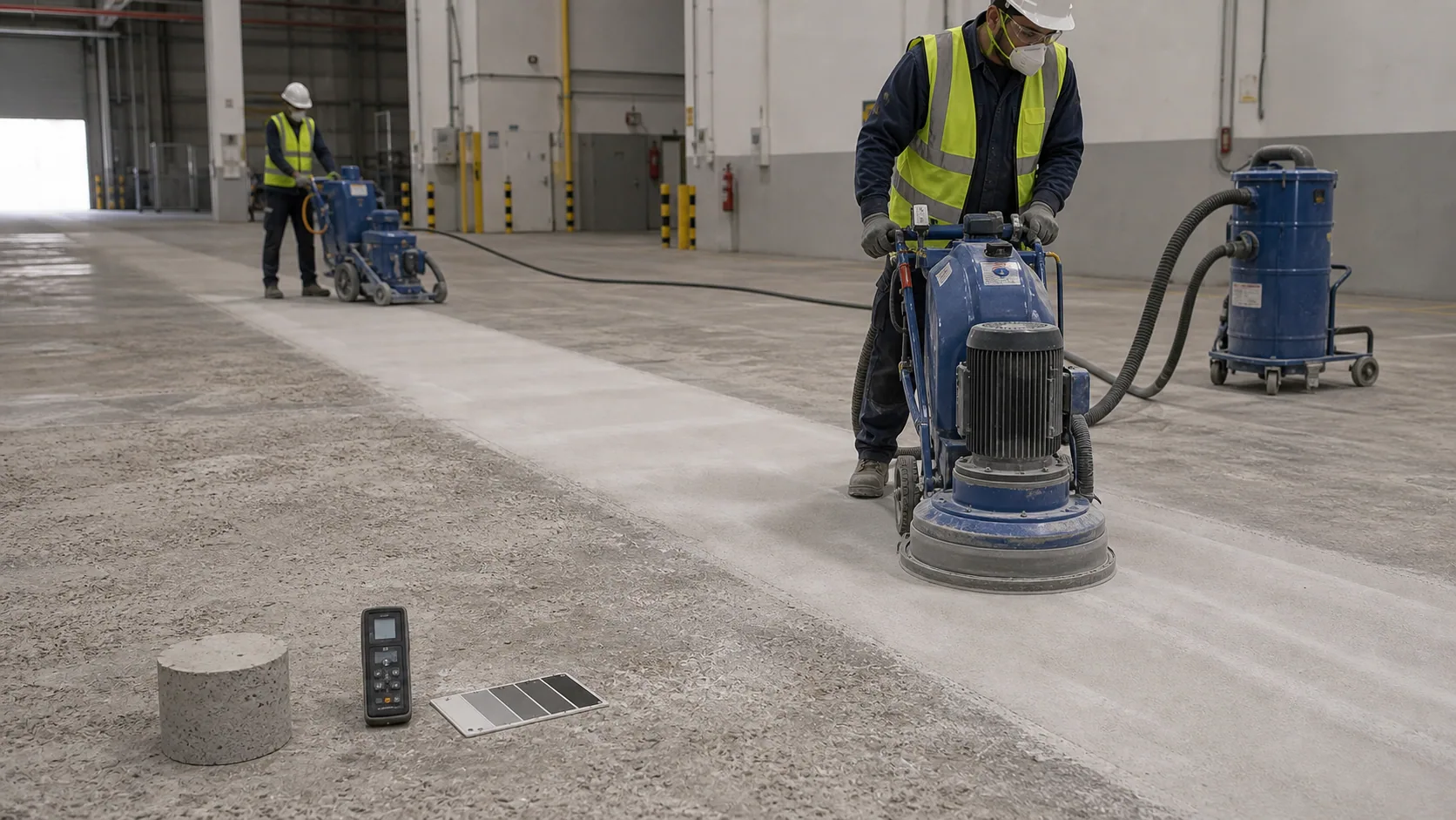 Shot blasting floor preparation before epoxy coating in an industrial warehouse