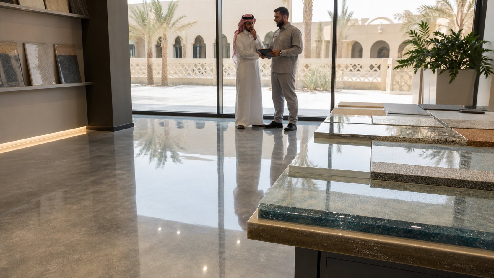 Decorative epoxy resin flooring for a showroom in Saudi Arabia