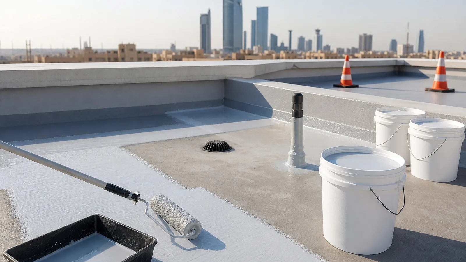 Roof waterproofing material application for a Saudi commercial building