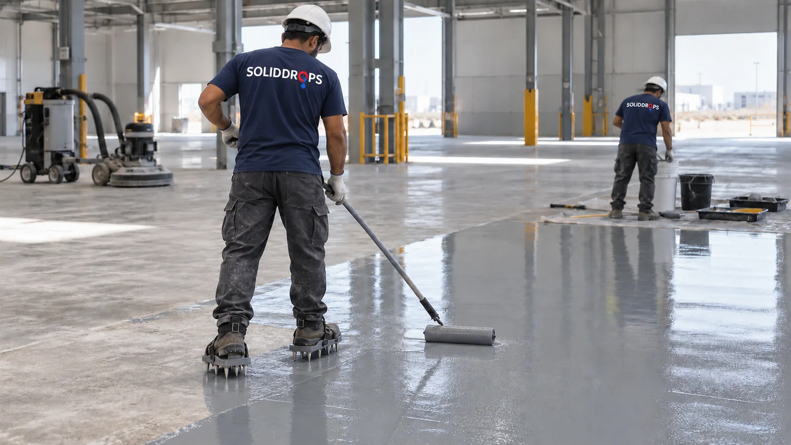 AI-generated rear-view illustration of an applicator in a SolidDrops logo T-shirt and spiked overshoes applying grey epoxy flooring