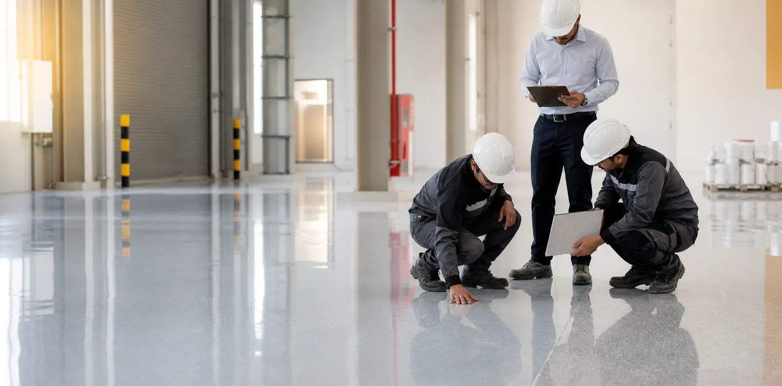 SolidDrops team inspecting an industrial epoxy flooring project in Saudi Arabia