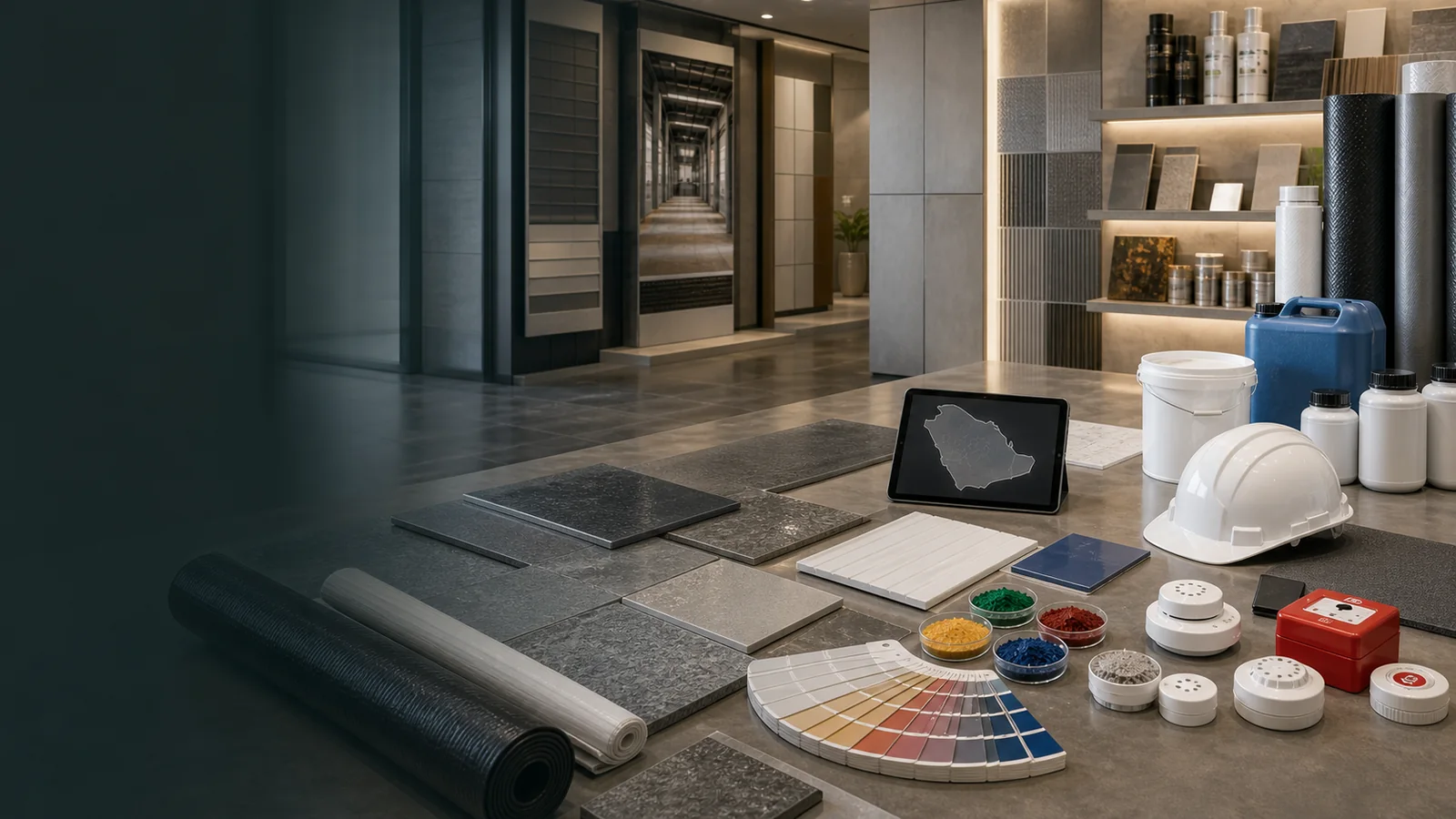 SolidDrops Saudi Arabia flooring waterproofing FRP panels chemicals pigments fire alarm and building materials display