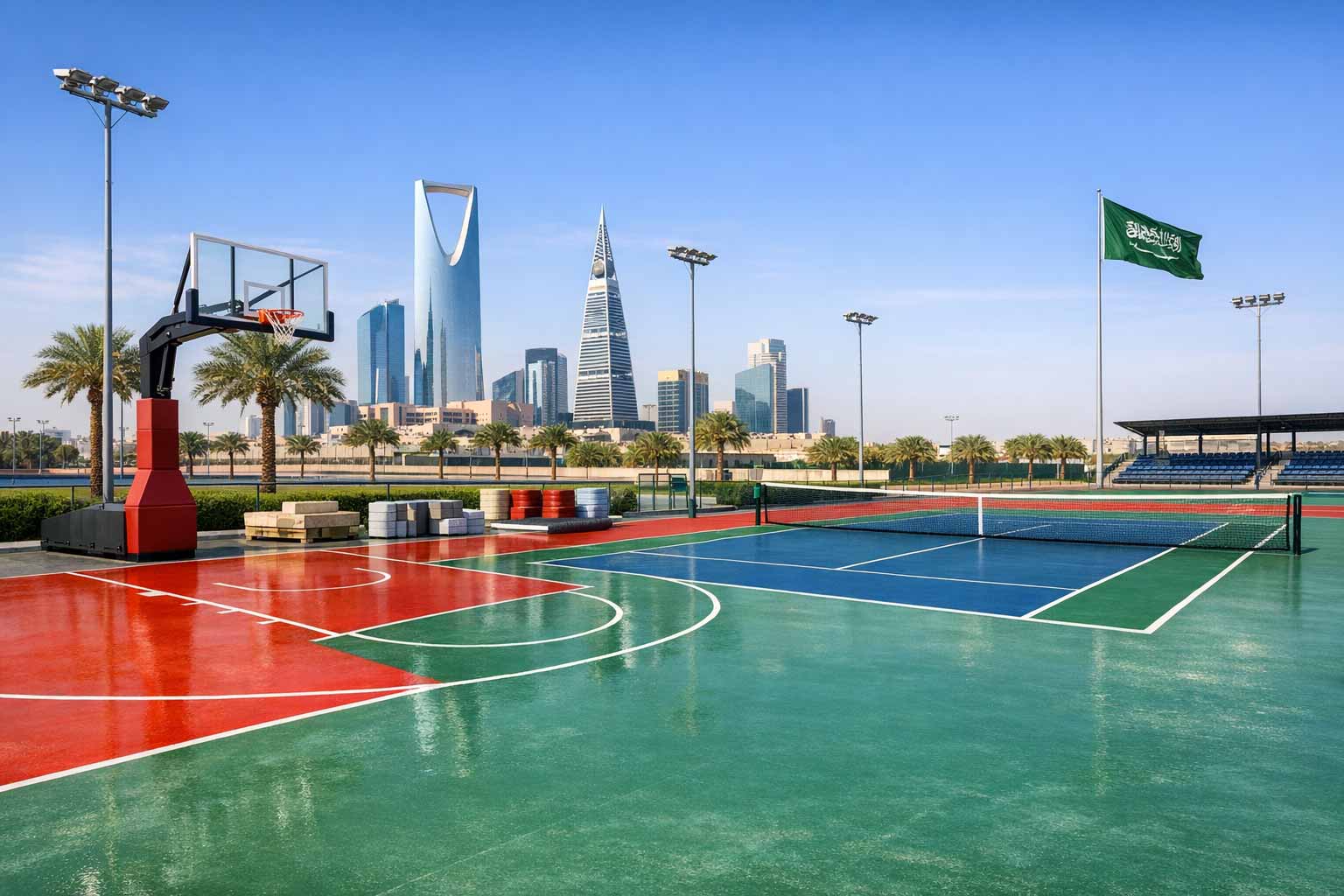 Acrylic and PU sports flooring for a tennis and basketball court in Saudi Arabia