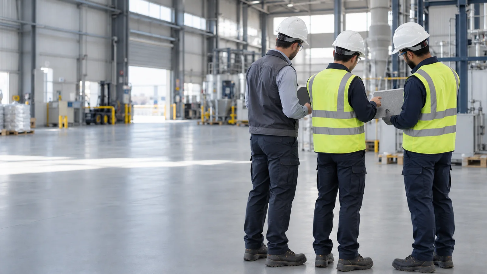 AI-generated rear-view illustration of three male technical workers reviewing a flooring sample, with faces turned away