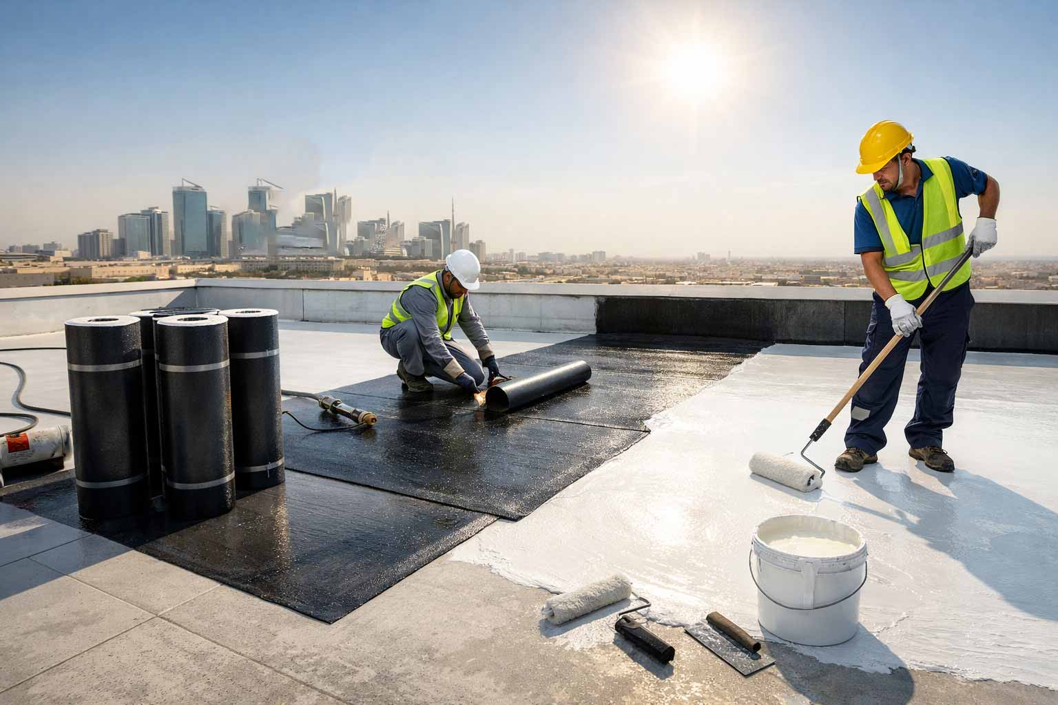 Roof waterproofing membrane and coating application on a Saudi Arabia project
