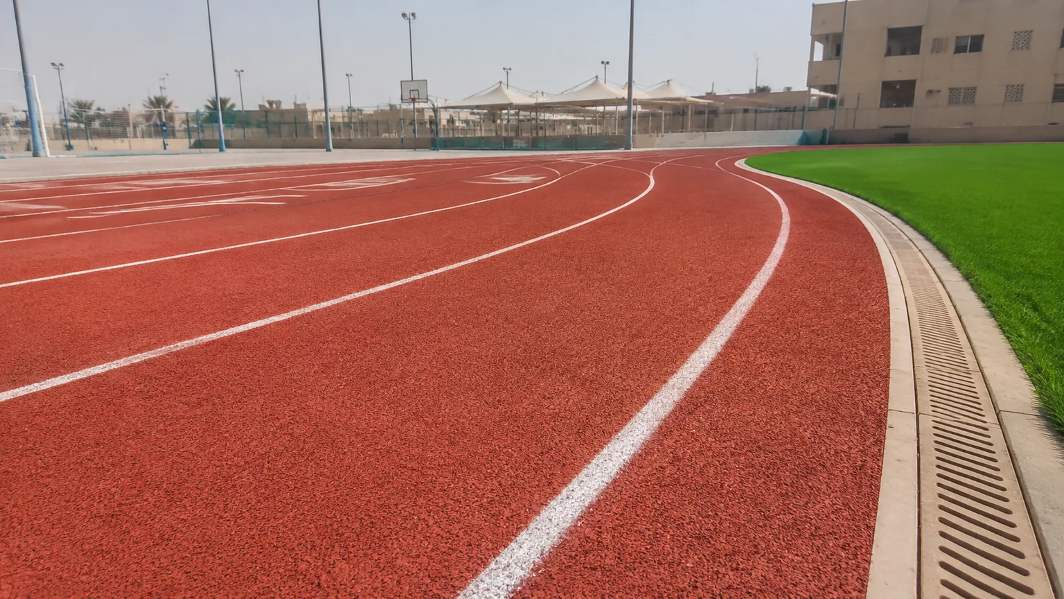 EPDM running track lanes with drainage edge at a Saudi school sports facility