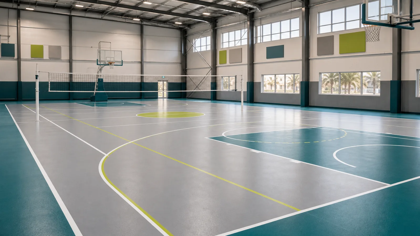 Indoor sports flooring court with teal and grey PU acrylic surface in Saudi Arabia