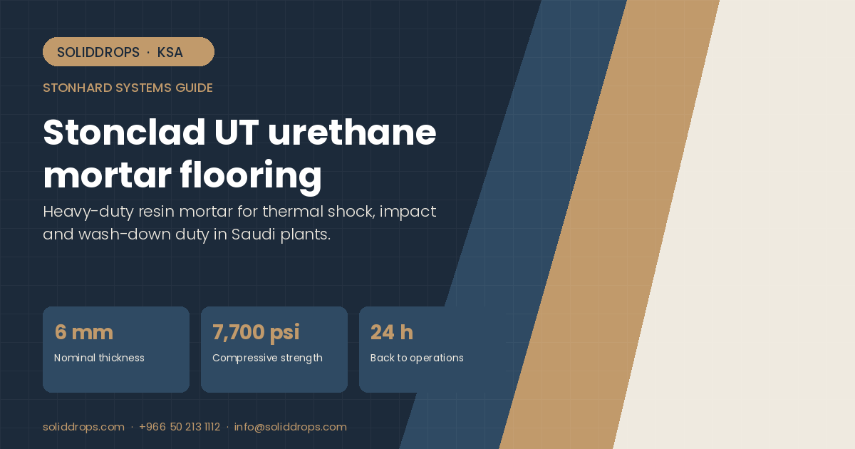 Stonclad UT urethane mortar flooring – SolidDrops guide cover graphic with key figures