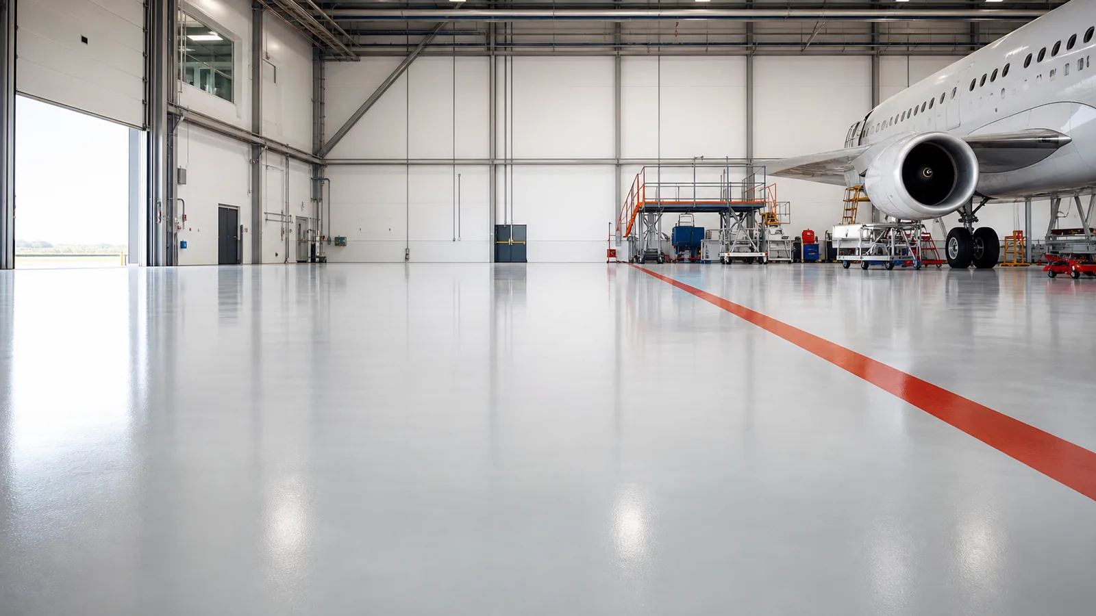 Fuel resistant seamless resinous flooring for an aircraft maintenance hangar in Saudi Arabia