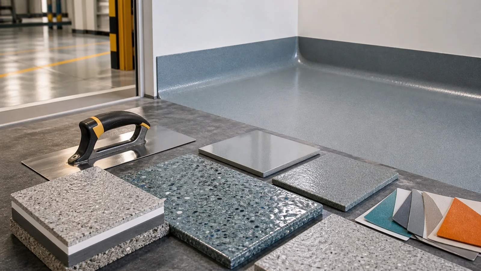 Stonhard resin flooring system samples with Stonclad texture and cove detail for KSA projects