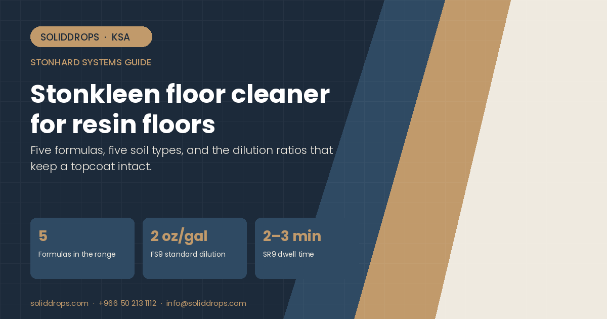 Stonkleen floor cleaner for resin floors – SolidDrops guide cover graphic with key figures