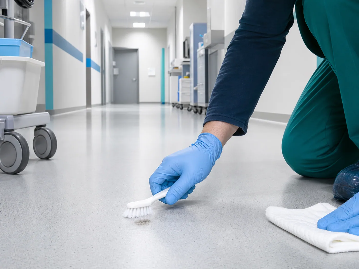 Stonkleen SR9 and MD9 healthcare stain removal for seamless floors in Saudi Arabia