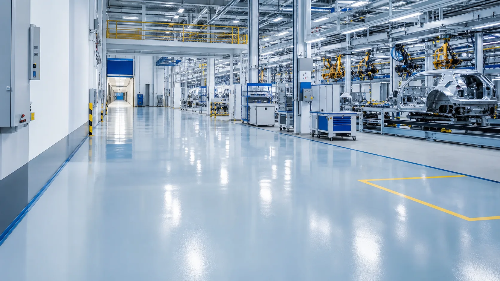 Clean automotive facility with smooth blue gray Stonlux ESD style flooring in Saudi Arabia