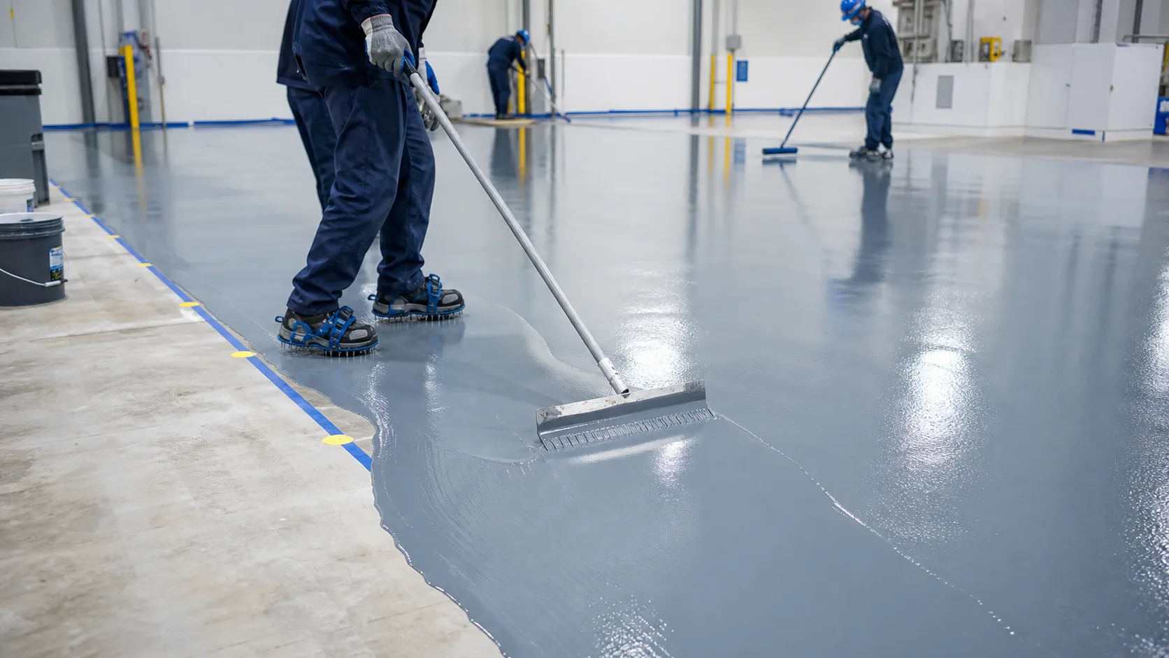 Technicians installing smooth self-leveling ESD epoxy flooring with a notched rake in Saudi Arabia