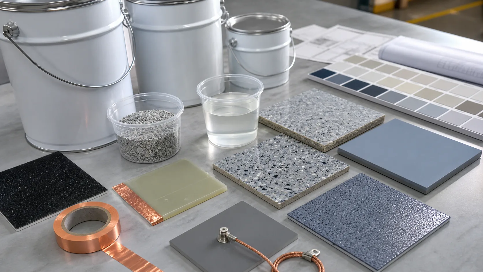 Stonlux ESD system samples with resin materials copper grounding tape and conductive flooring details