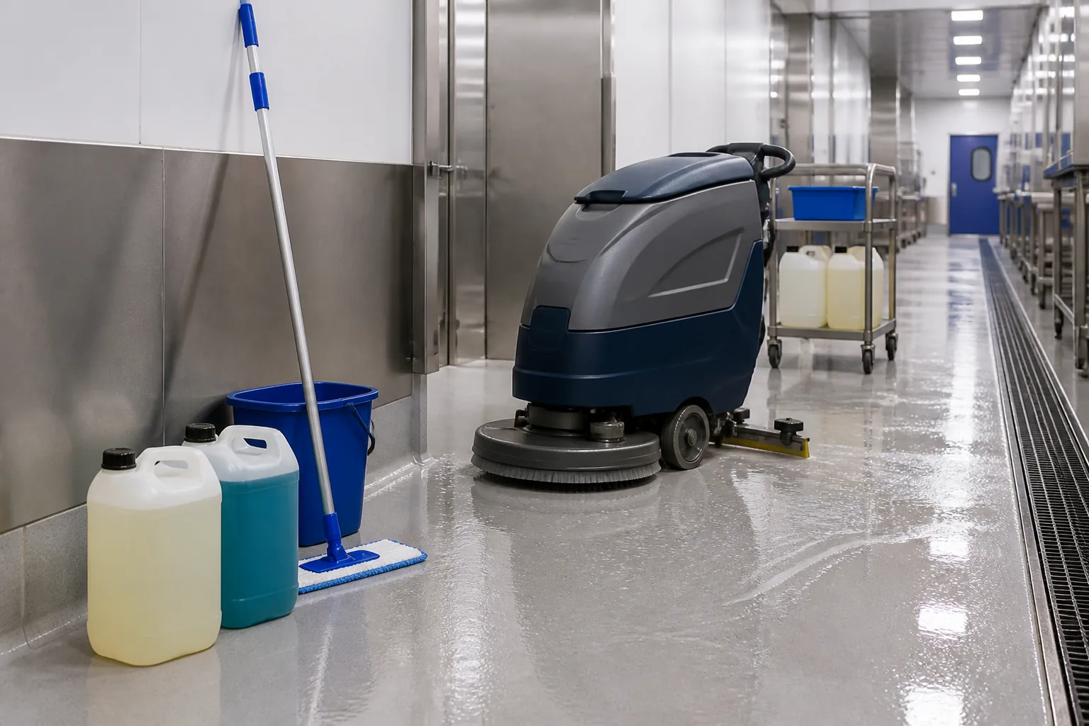 Food area floor cleaning with scrubber and degreaser materials in Saudi Arabia