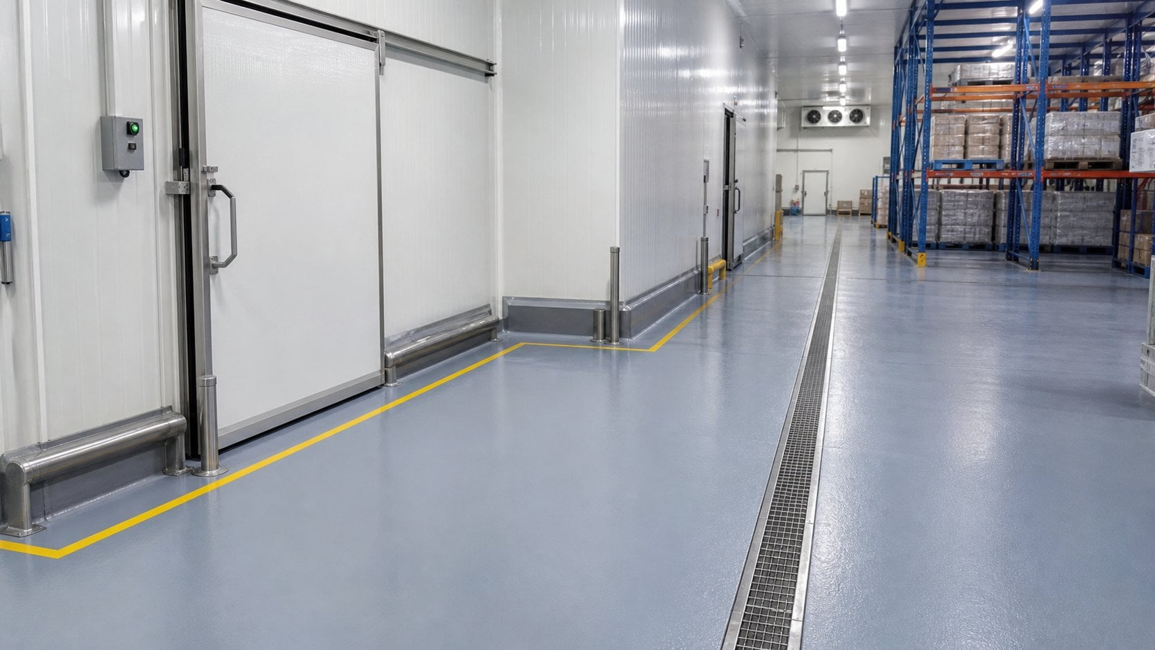 Cold room flooring in Saudi Arabia with Ucrete style PU cement floor and drainage channel