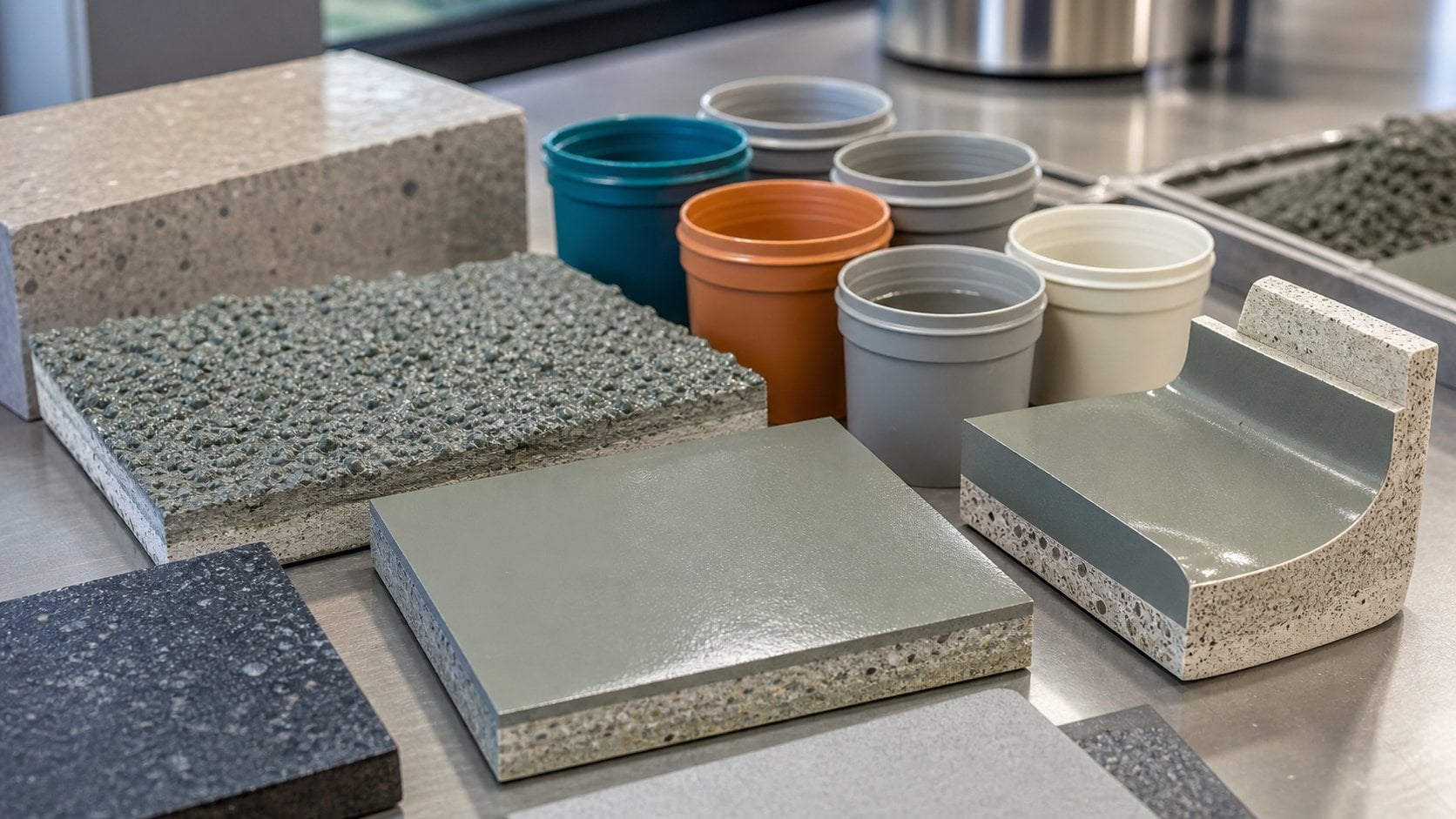 Ucrete flooring product samples showing smooth and slip resistant PU cement finishes