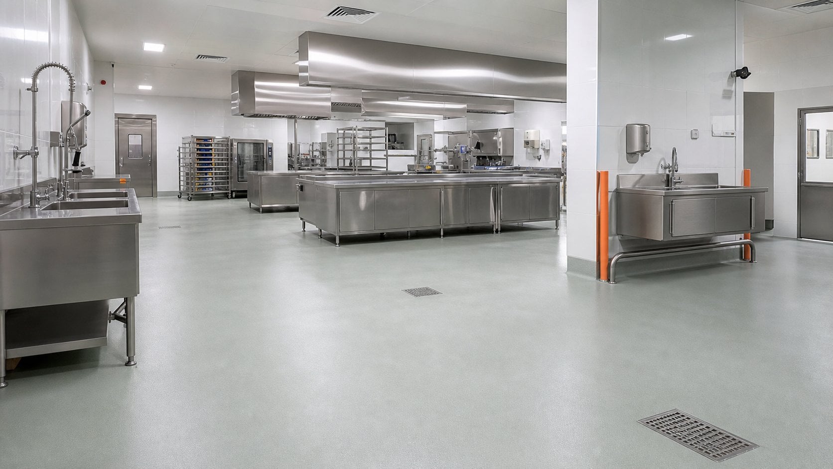 Ucrete PU cement flooring for an industrial kitchen in Saudi Arabia with seamless cove base and drains