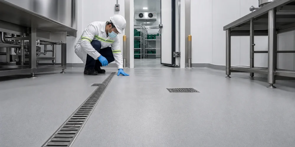 Ucrete style PU cement flooring in a Saudi industrial kitchen and cold room area