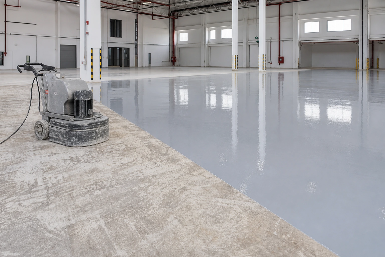 Floor machine stripping and resurfacing a warehouse floor before a new finish — Stonkleen AS9 application
