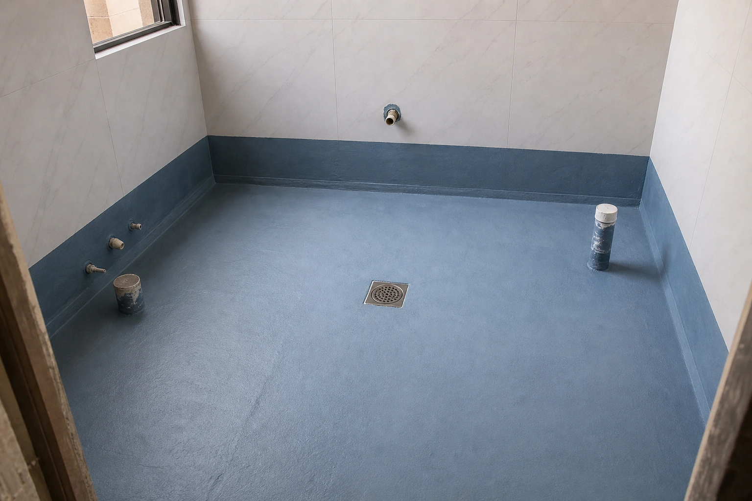 Shower wet-area floor with drain — the hard-water scale environment Stonkleen MD9 descaler is documented for