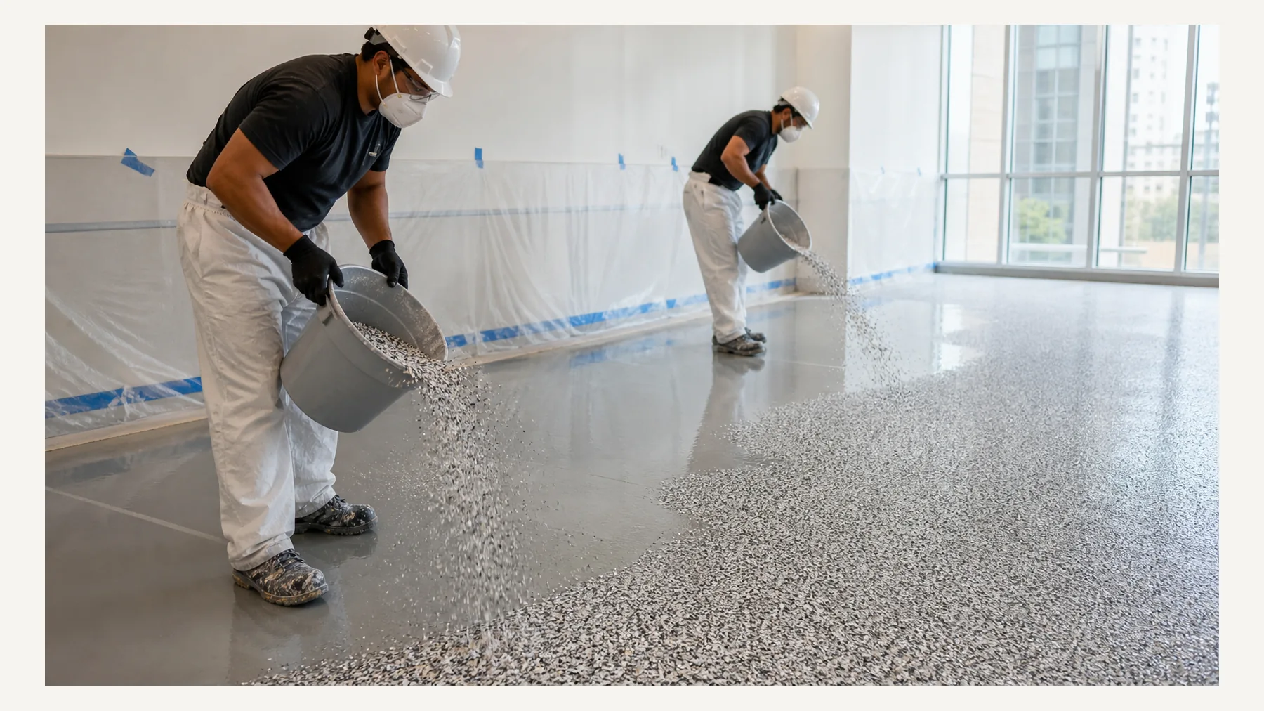 Technicians broadcasting decorative flakes during epoxy chip flooring installation