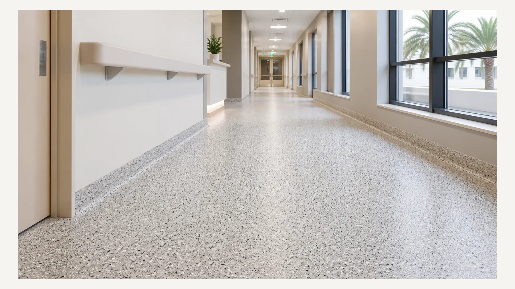 Clean healthcare or school corridor with decorative epoxy chip flooring in Saudi Arabia