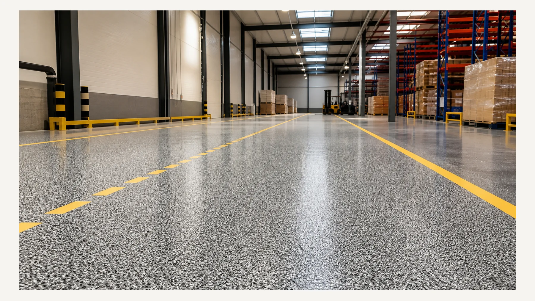 Warehouse logistics aisle with durable decorative epoxy chip flooring in Saudi Arabia