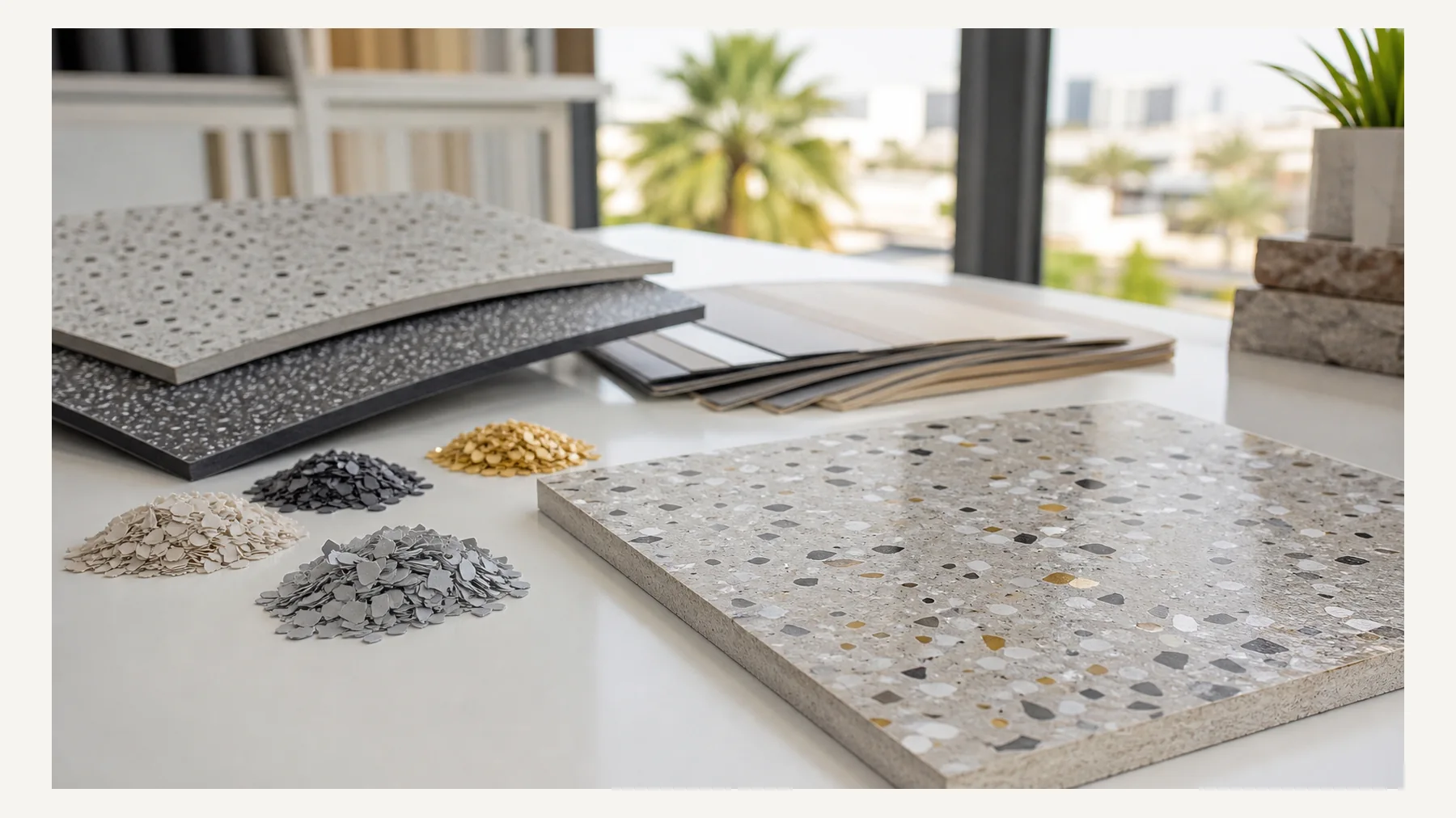 Epoxy PVC vinyl chip flooring material samples and decorative flake blends