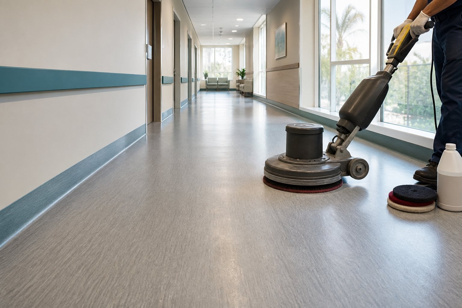 Vinyl floor restoration and polishing in a Saudi commercial corridor