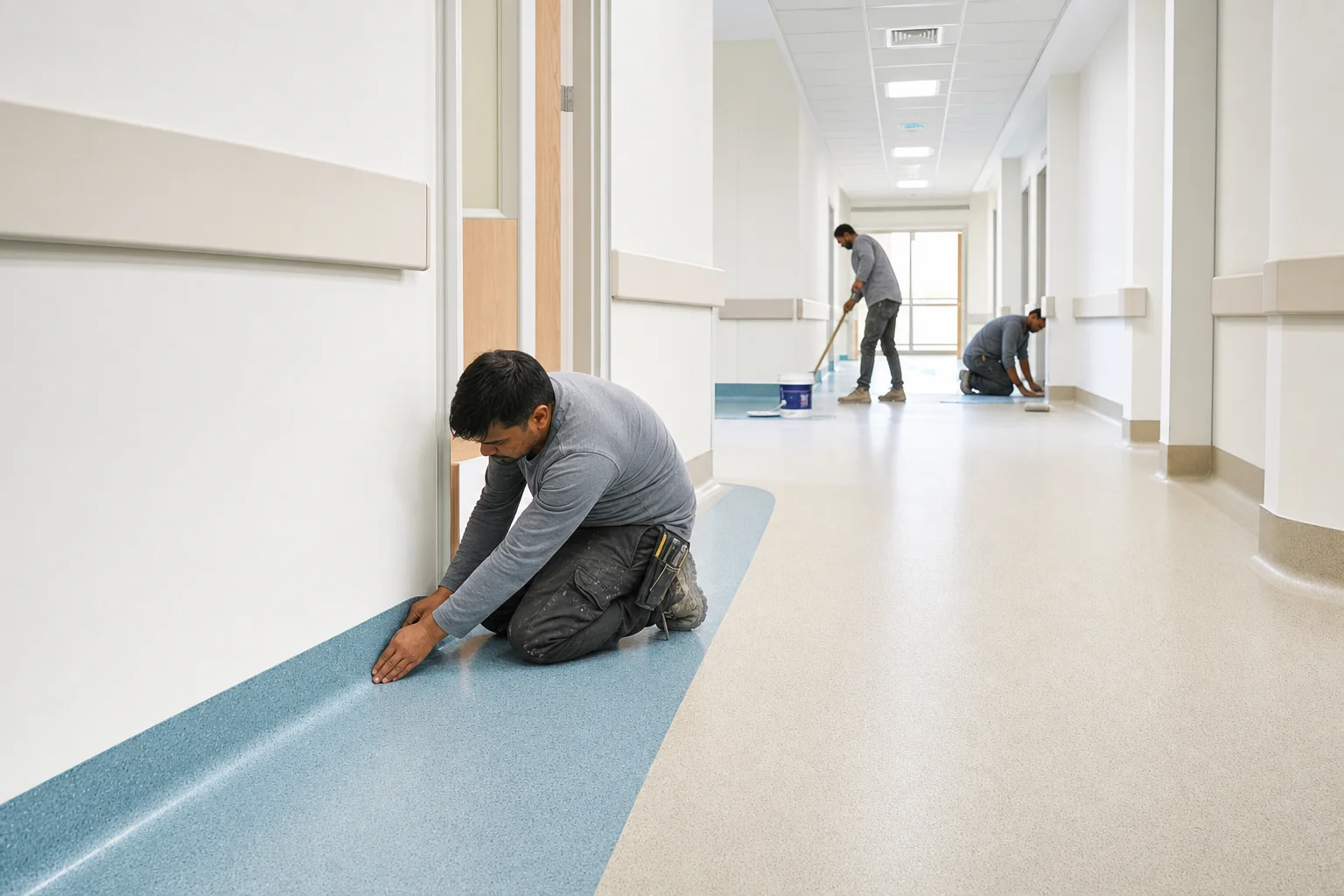 Vinyl flooring installation with cove skirting in a Saudi healthcare corridor