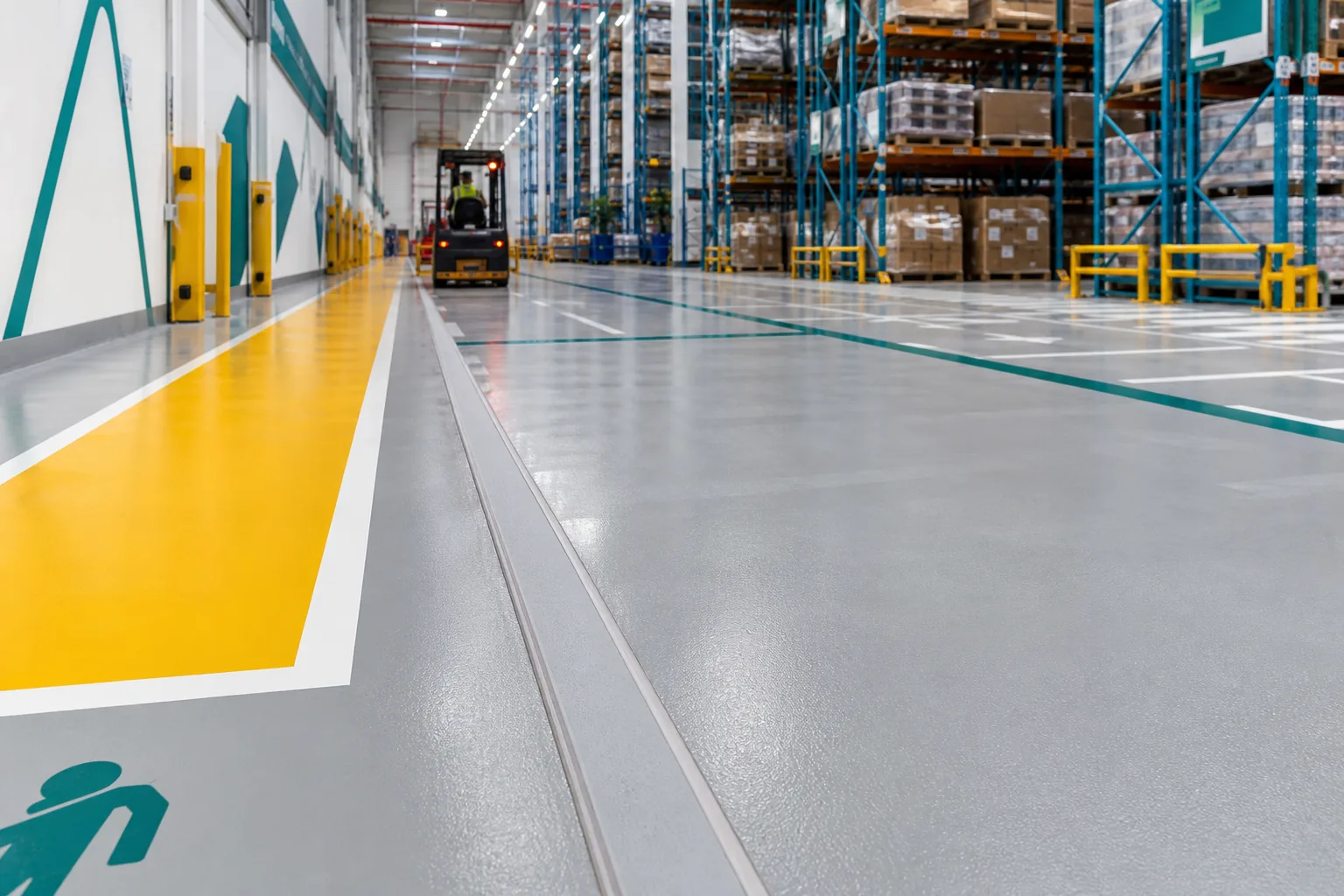 Maintained warehouse epoxy floor with forklift lane and safety line marking in Saudi Arabia