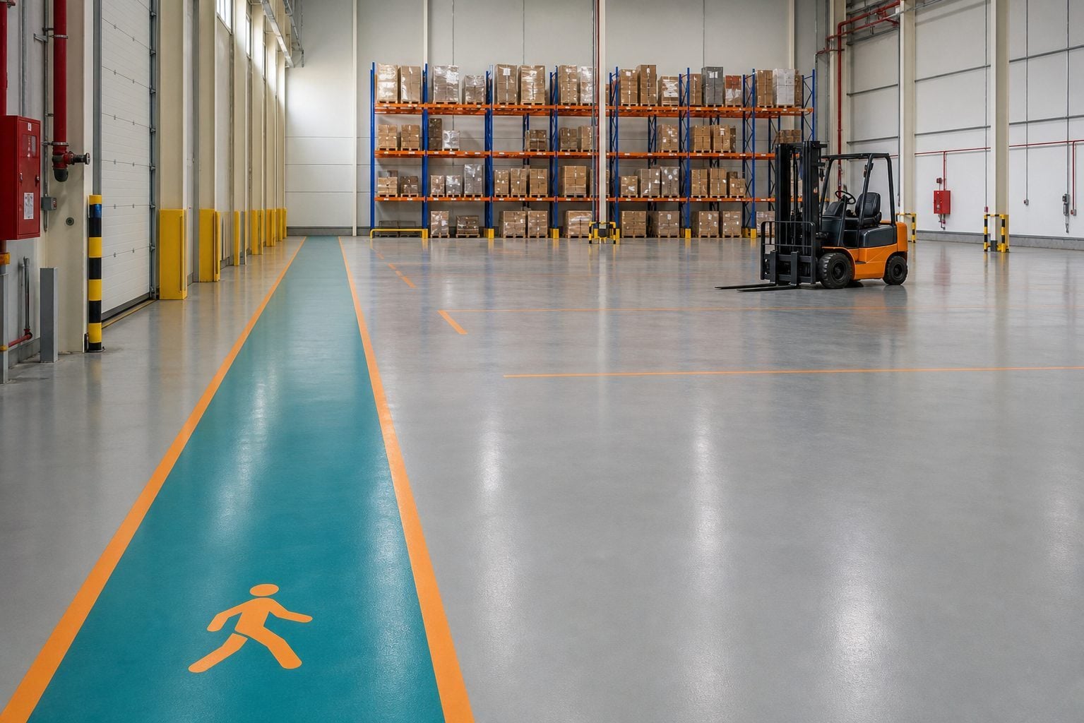 Generated natural warehouse epoxy flooring with safety walkway and forklift lane in Saudi Arabia