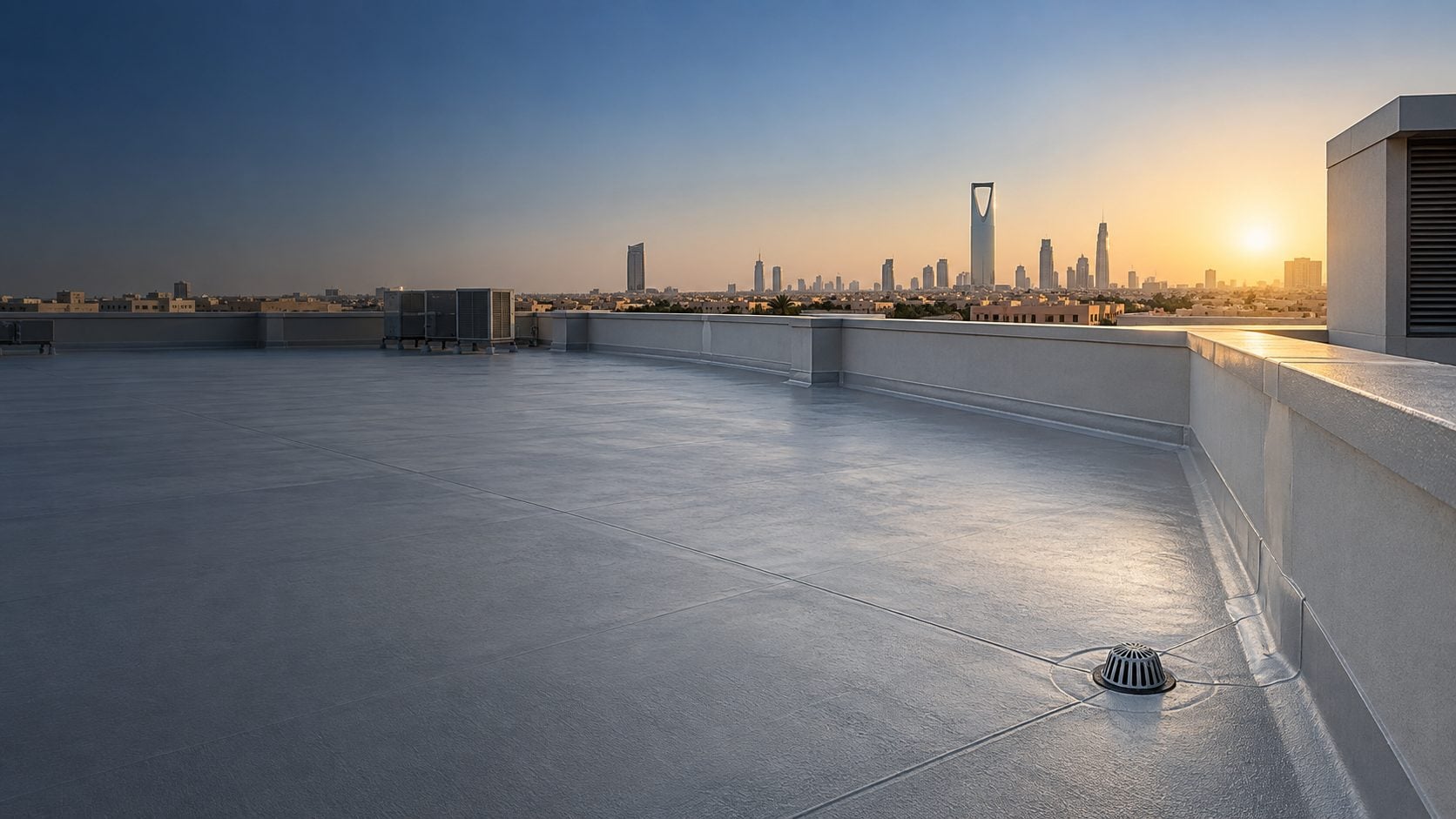Illustrative waterproofed rooftop with parapet and drain detailing in a Saudi city setting