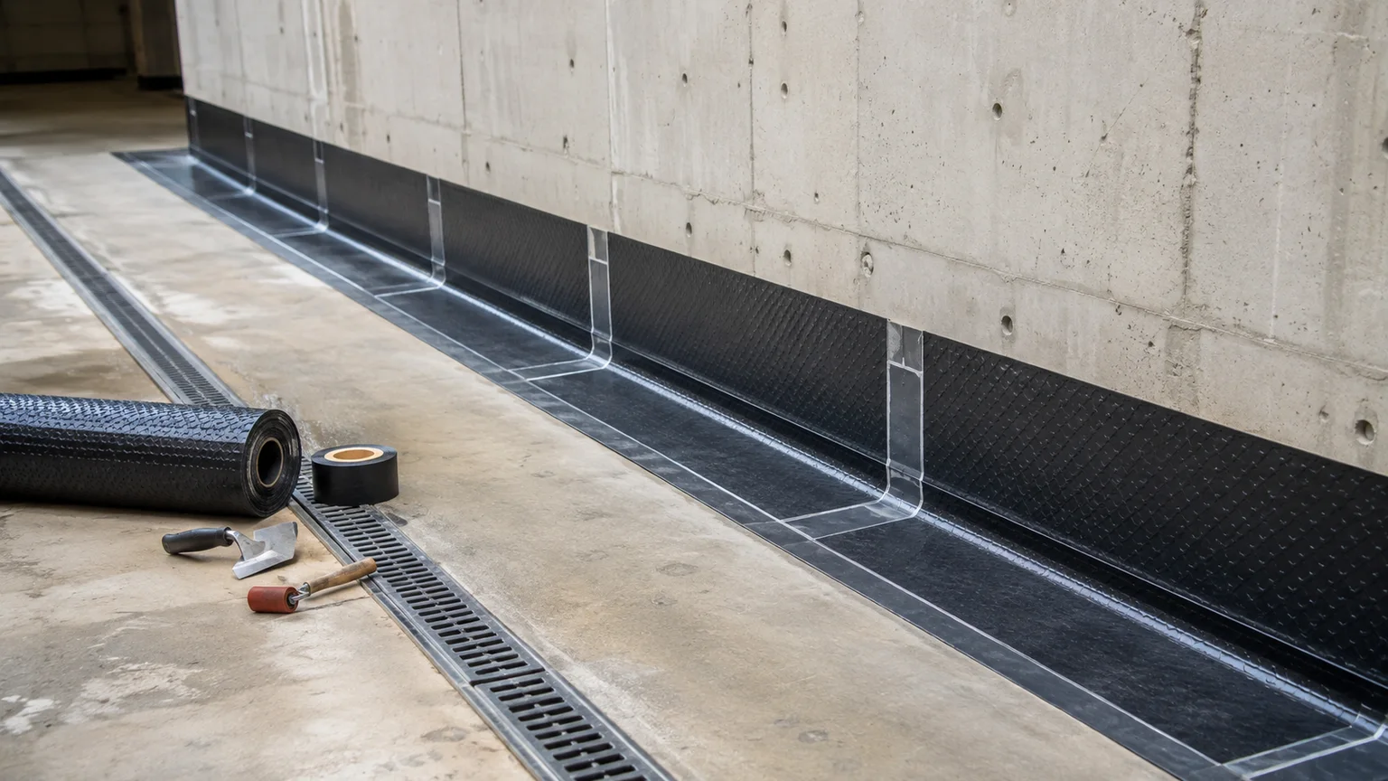 Basement retaining wall waterproofing membrane detail with drain channel in Saudi Arabia