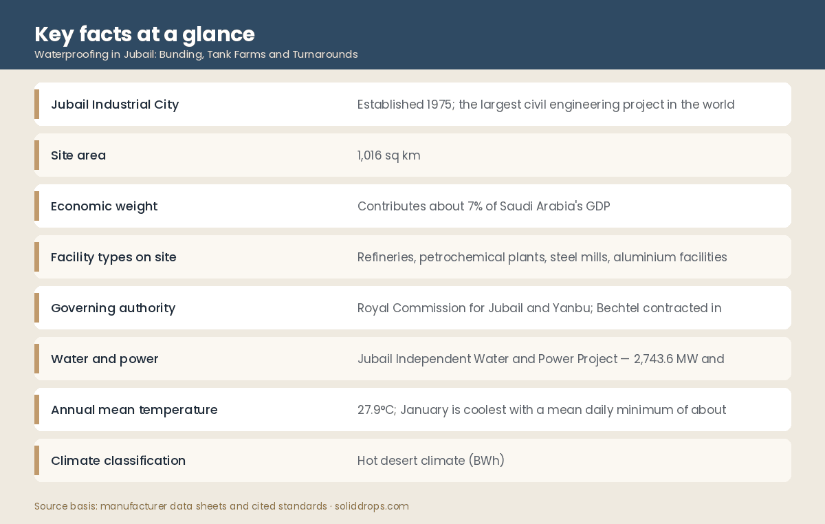Table of Jubail Industrial City scale, facility and climate figures for waterproofing