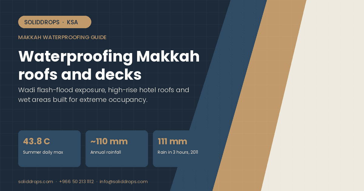Waterproofing in Makkah: hotel roof and podium deck exposure in a wadi valley