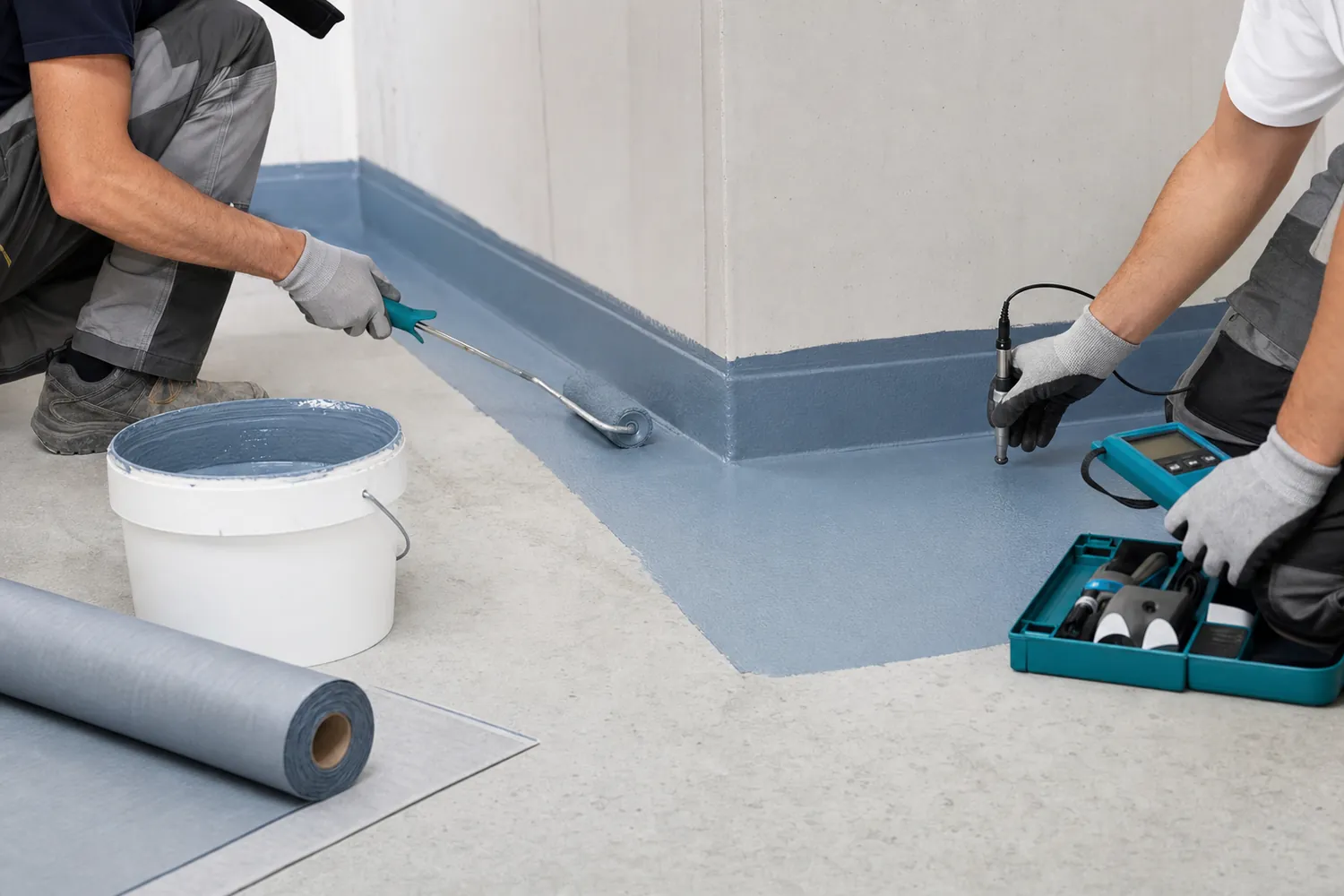 Professional waterproofing membrane installation detail at wall floor junction in Saudi Arabia