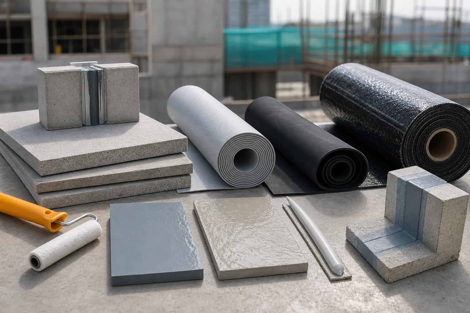 Waterproofing product samples including cementitious PVC EPDM bituminous PU and joint materials for KSA projects