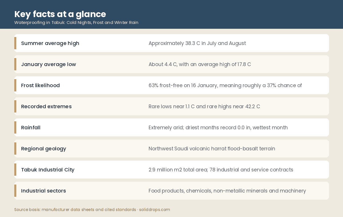 Table of Tabuk climate, frost, geology and industrial city facts relevant to waterproofing