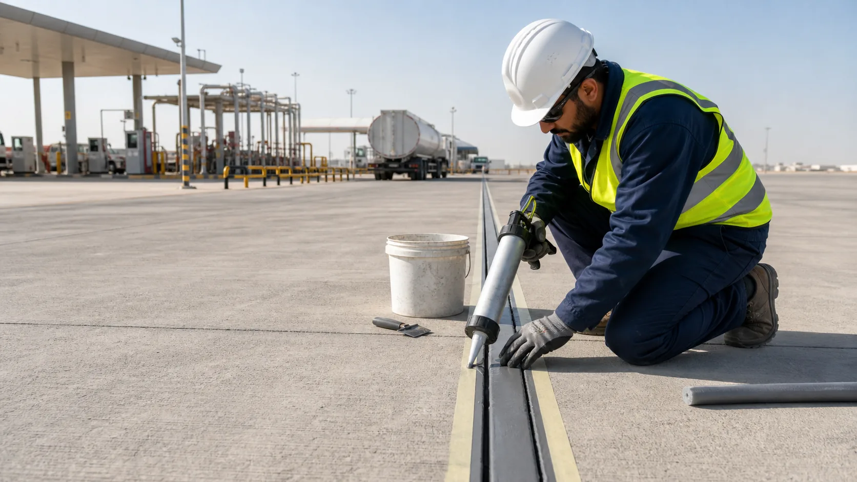 Technician applying fuel resistant joint sealant to a concrete expansion joint in a Saudi industrial fuel apron